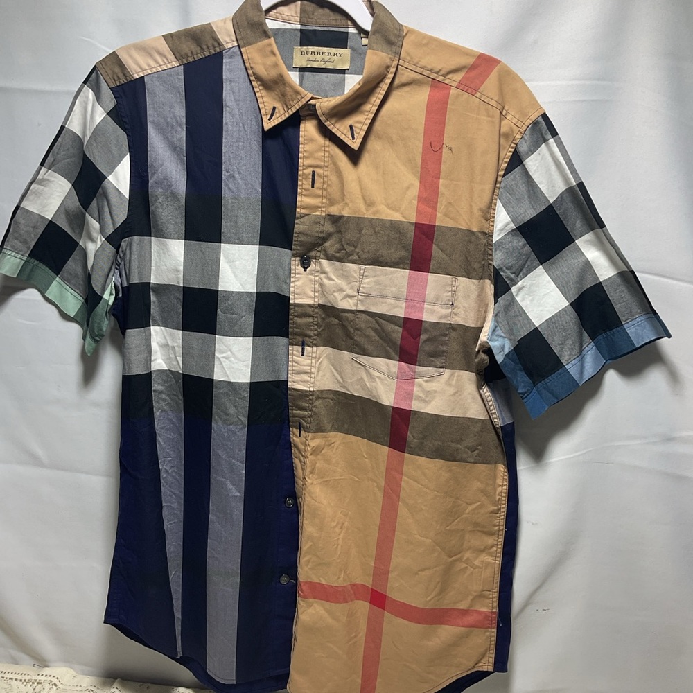 Burberry Blue and Tan Patchwork Checkered Shirt